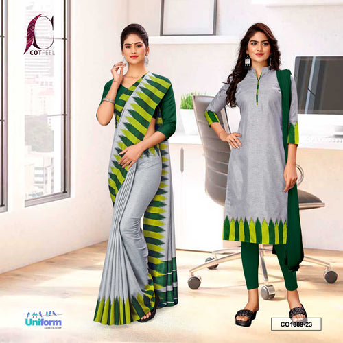 Gray and Green Women's Premium Manipuri Cotton Plain Border Uniform Saree Salwar Combo for Hospital