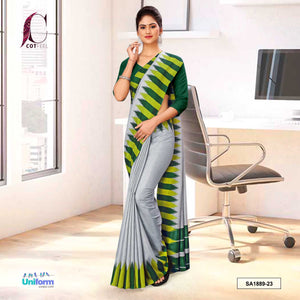 Gray and Green Women's Premium Manipuri Cotton Plain Border Uniform Sarees With Blouse Piece for Hospital