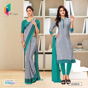 Gray and Green Women's Premium Silk Crepe Small Print Vintage Students Uniform Saree Salwar Combo