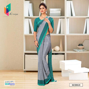 Gray and Green Women's Premium Silk Crepe Small Print Vintage Students Uniform Sarees With Blouse Piece