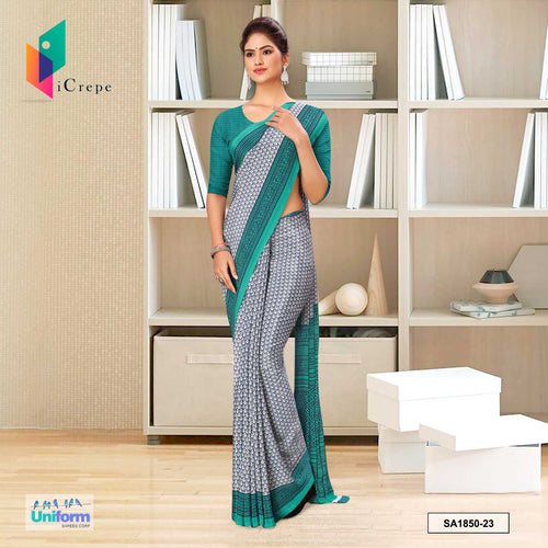Gray and Green Women's Premium Silk Crepe Small Print Vintage Students Uniform Sarees With Blouse Piece