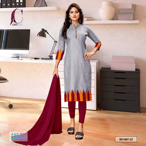 Gray and Maroon Women's Premium Manipuri Cotton Plain Border Uniform Salwar Kameez for Teachers