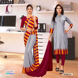 Gray and Maroon Women's Premium Manipuri Cotton Plain Border Uniform Saree Salwar Combo for Teachers