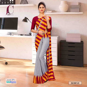 Gray and Maroon Women's Premium Manipuri Cotton Plain Border Uniform Sarees With Blouse Piece for Teachers