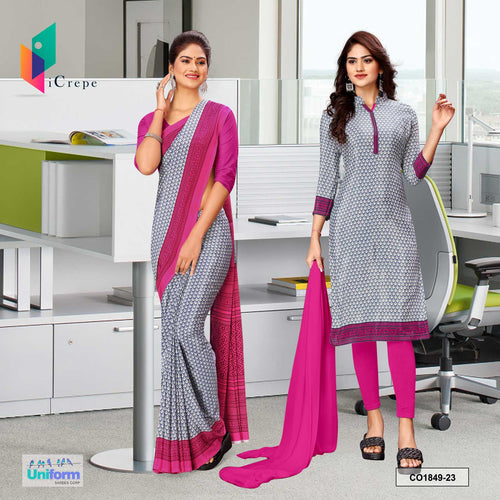 Gray and Pink Women's Premium Silk Crepe Small Print Vintage Staff Uniform Saree Salwar Combo