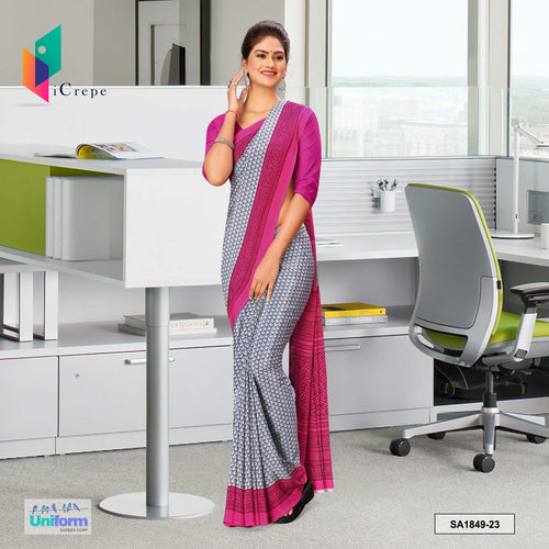 Gray and Pink Women's Premium Silk Crepe Small Print Vintage Staff Uniform Sarees With Blouse Piece