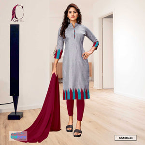 Gray and Wine Women's Premium Manipuri Cotton Plain Border Uniform Salwar Kameez for Jewellery Showroom