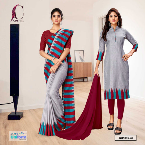 Gray and Wine Women's Premium Manipuri Cotton Plain Border Uniform Saree Salwar Combo for Jewellery Showroom
