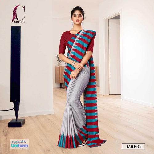 Gray and Wine Women's Premium Manipuri Cotton Plain Border Uniform Sarees With Blouse Piece for Jewellery Showroom