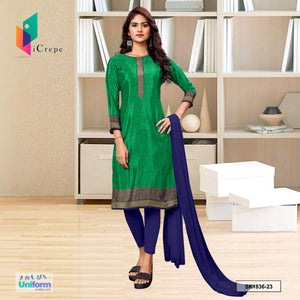 Green and Blue Women's Premium Silk Crepe Plain Border Jewellery Showroom Uniform Salwar Kameez