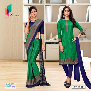 Green and Blue Women's Premium Silk Crepe Plain Border Jewellery Showroom Uniform Saree Salwar Combo