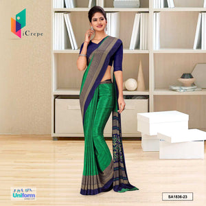 Green and Blue Women's Premium Silk Crepe Plain Border Jewellery Showroom Uniform Sarees With Blouse Piece