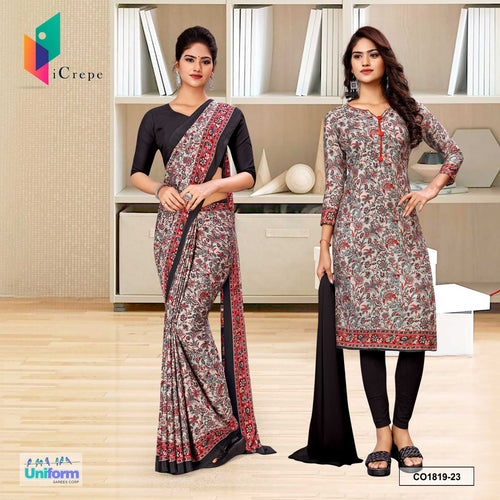 Grey Black Women's Premium Italian Silk Paisley Print Industrial Uniform Saree Salwar Combo
