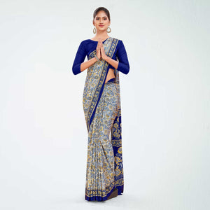 White and Royal Blue Women's Premium Italian Silk Paisley Print Hotel Uniform Sarees With Blouse Piece