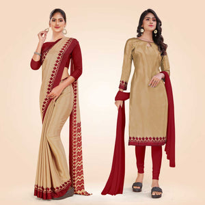 Maroon and Beige Women's Premium Silk Chiffon Plain Gaala Border Air Hostess Uniform Saree Salwar Combo