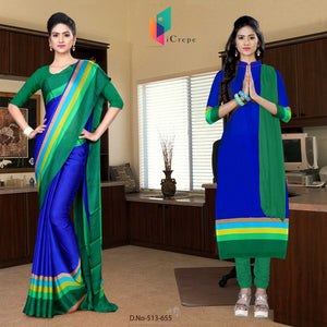 Ink Blue and Green Women's Premium Silk Chiffon Plain Gala Border Hotel Uniform Sarees Salwar Combo