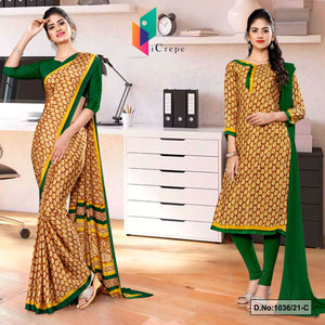 Brown Bottle Green Women's Premium Italian Silk Ikat Print Uniform Sarees Salwar Combo For Annual Function Uniform