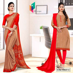 Beige Red Women's Premium Italian Silk Small Butty Uniform Sarees Salwar Combo For Students Uniform