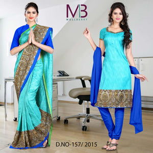 Turquoise Blue Women's Premium Mulberry Silk Hotel Uniform Sarees Salwar Combo