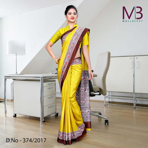 Brown And Yellow Mulberry Silk Uniform Saree