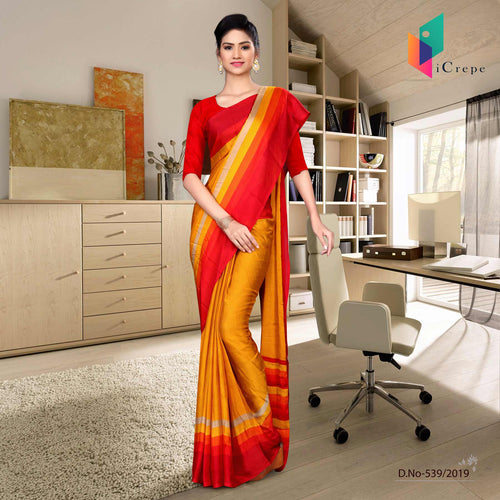 Orange And Red Italian Crepe Silk Institution Uniform Saree