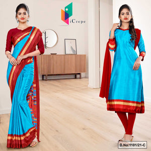 Sky Blue Red Women's Premium Silk Chiffon Discipline Day Uniform Sarees Salwar Combo For Hospital Staff