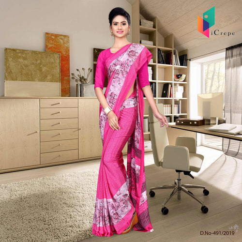 Pink And Pink Italian Crepe Silk Worker Uniform Saree