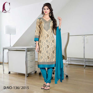 Beige and Peacock Blue Women's Premium Manipuri Cotton College Uniform Salwar Kameez Unstitched Dress Materials Set