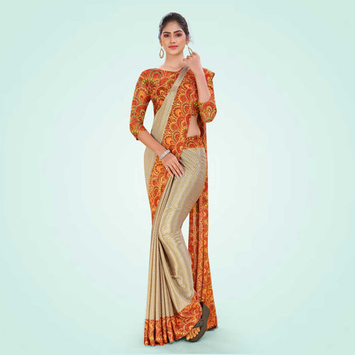 Taupe and Multi Color Women's Premium Silk Chiffon Eyecatchers School Teacher Uniform Saree