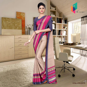 Beige And Blue Italian Crepe Silk Showroom Uniform Saree