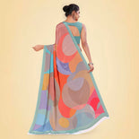 Turquoise Women's Premium Italian Silk Digital Print Female Uniform Sarees With Blouse Piece