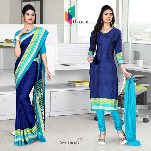 Navy Blue and Sea Green Women's Premium Italian Silk Eyecatchers School Uniform Sarees Salwar Combo