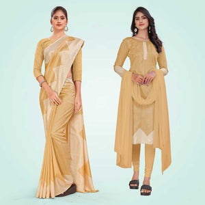 Beige Women's Premium Mulberry Silk Plain Gaala Border Office Uniform Saree Salwar Combo