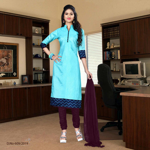 Turquoise With Purple Border Tripura Cotton Simple Uniform Salwar Kameez