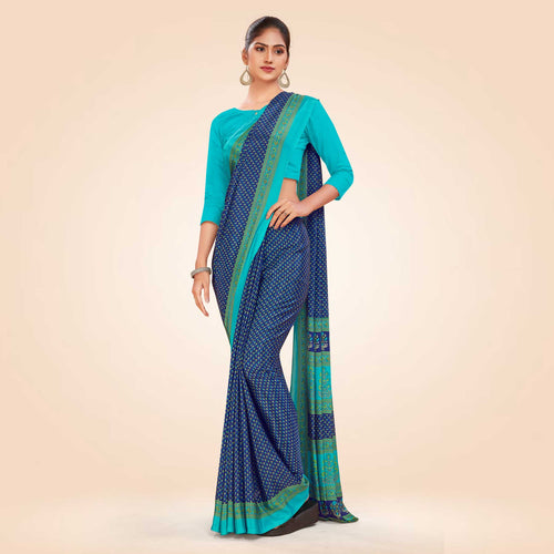 Navy Blue and Turquoise Women's Premium Italian Silk Small Butty Resort Uniform Saree