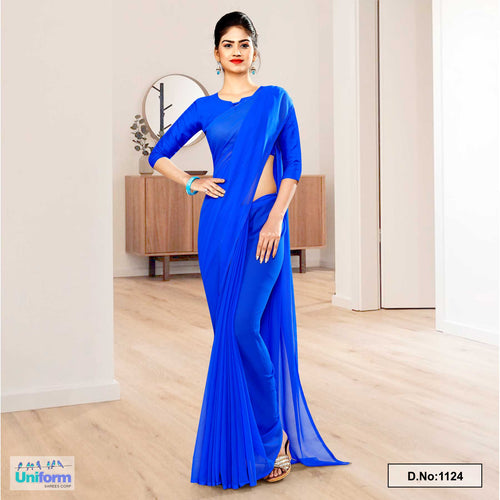 Ink Blue Soft Georgette Plain Uniform Sarees For Housekeeping