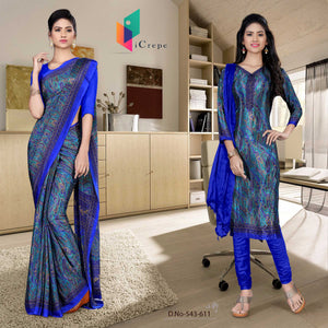 Turquoise and Ink Blue Women's Premium Italian Silk Paisley Print Showroom Staff Uniform Sarees Salwar Combo