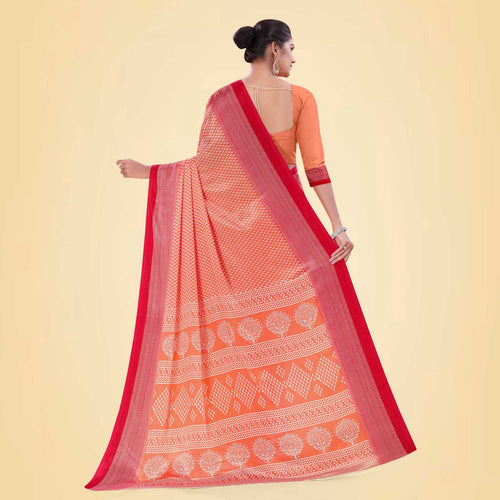 Peach and Red Women's Premium Silk Chiffon Small Butty School Teacher Uniform Saree
