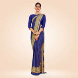 Navy Blue and Beige Women's Premium Italian Silk Plain Gaala Border Students Uniform Saree