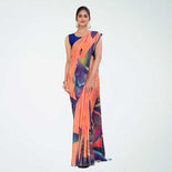 Peach and Navy Blue Women's Premium Italian Silk Digital Print Uniform Sarees for Institutions With Blouse Piece