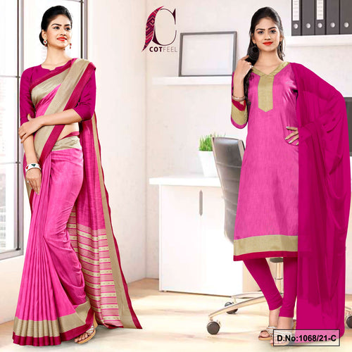 Pink Wine Women's Premium Manipuri Cotton Uniform Sarees Salwar Combo For Factory Uniform