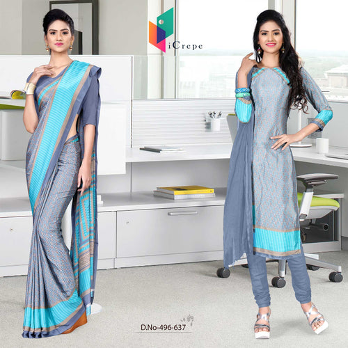 Gray and Sea Green Women's Premium Italian Silk Eyecatchers Hotel Uniform Sarees Salwar Combo
