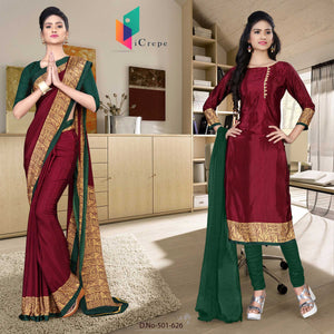 Wine and Green Women's Premium Italian Silk Plain Gala Border Teachers Uniform Sarees Salwar Combo