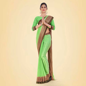 Pistachio and Brown Women's Premium Silk Chiffon Small Butty Housekeeping Uniform Saree