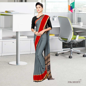 Grey And Red Italian Crepe Silk Anganwadi Uniform Saree