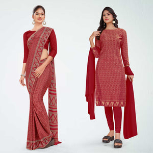 Maroon Women's Premium Silk Chiffon Ikat Print Security Uniform Saree Salwar Combo