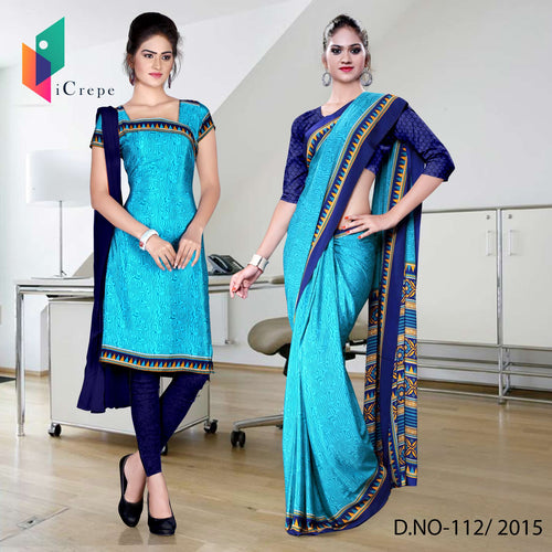 Turquoise and Navy Blue Women's Premium Italian Silk Discipline Day Corporate Uniform Sarees Salwar Combo