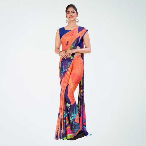 Peach and Navy Blue Women's Premium Italian Silk Digital Print Uniform Sarees for Institutions With Blouse Piece