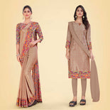 Pastel Brown and Multi Color Women's Premium Silk Chiffon Eyecatchers Industrial Workers Uniform Saree Salwar Combo