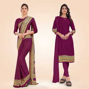 Wine and Beige Women's Premium Italian Silk Plain Gaala Border Showroom Staff Uniform Saree Salwar Combo